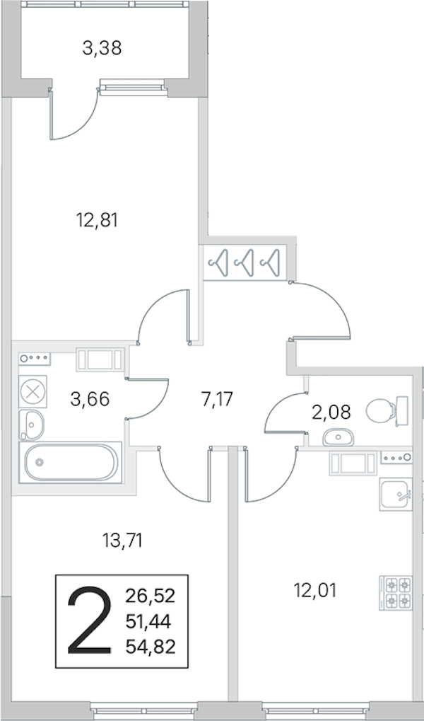 2-комнатная квартира 51.44 м², 2/4 эт., ЖК «Любоград в Стрельне»